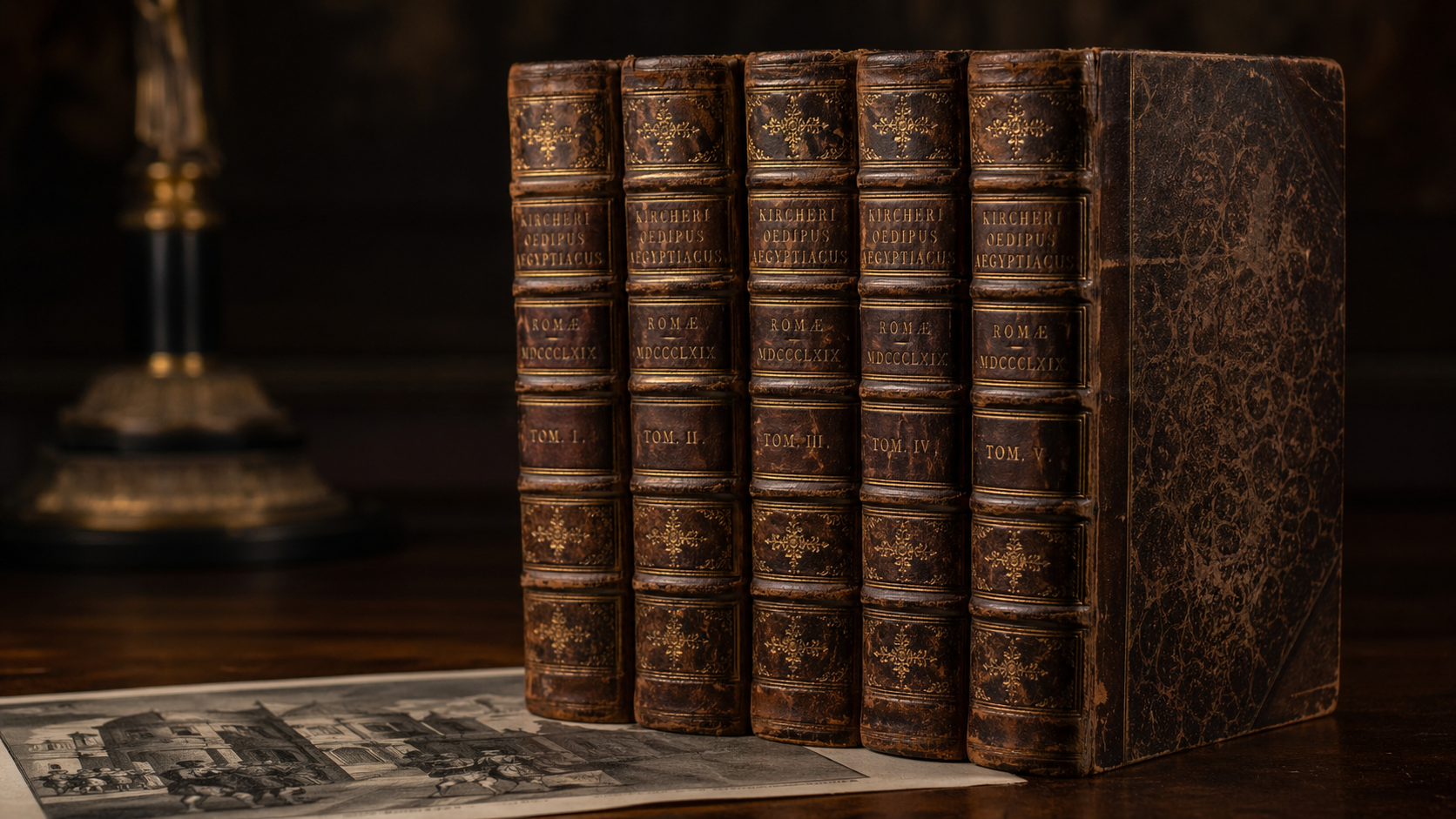 Antique leather-bound rare book set on a catalogue table